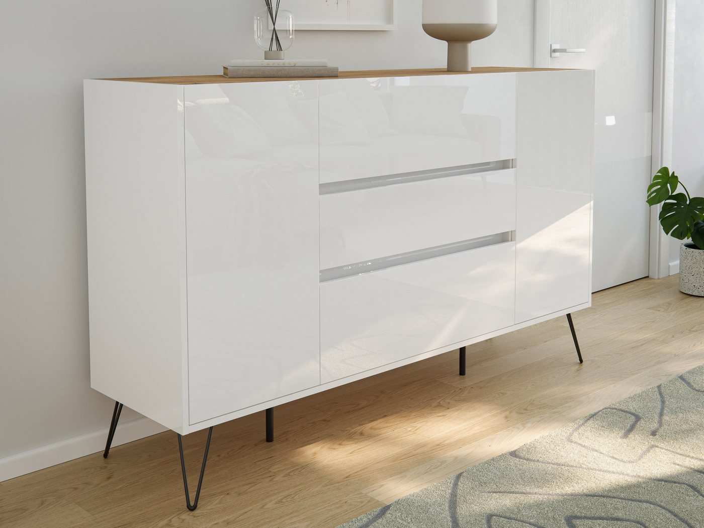 Magnolia Home Sideboard Sideboard Kommode Lovo 155cm Greifraum 3 SoftClose 2 Türen Weiß/Eiche Magnolia Home Sideboard Sideboard Kommode Lovo 155cm Greifraum 3 SoftClose 2 Türen Weiß/Eiche von Magnolia Home