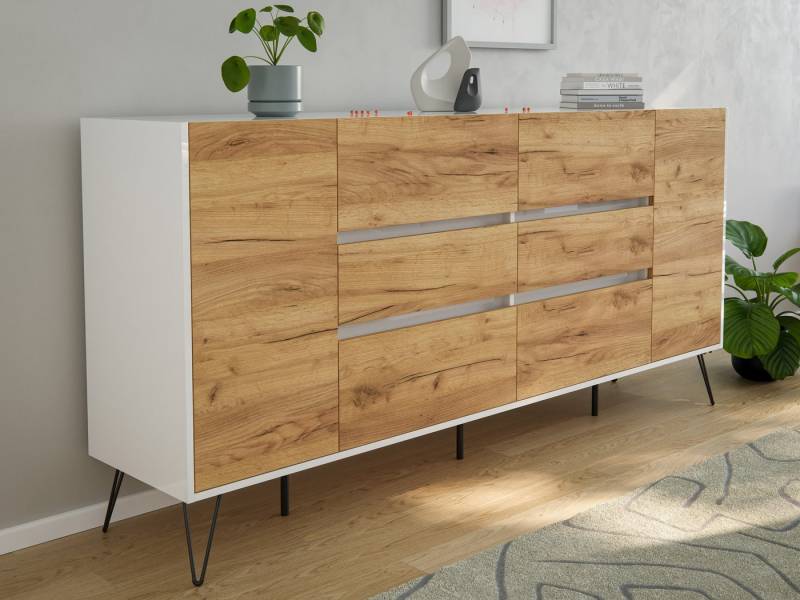 Magnolia Home Sideboard Sideboard Kommode Yako 200cm Greifraum 6 SoftClose 2 Türen Weiß/Eiche von Magnolia Home