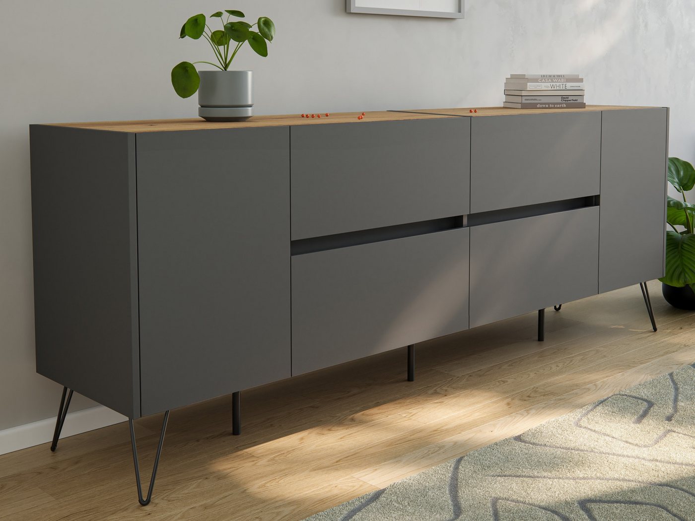 Magnolia Home Sideboard Sideboard Yako 200cm 2 Türen 4 Schubladen Grafit mit Eiche Top von Magnolia Home