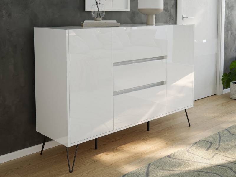 Magnolia Home Sideboard Sideboard Yako XL 140cm 3 SoftClose 2 Türen Weiß hochglanz von Magnolia Home