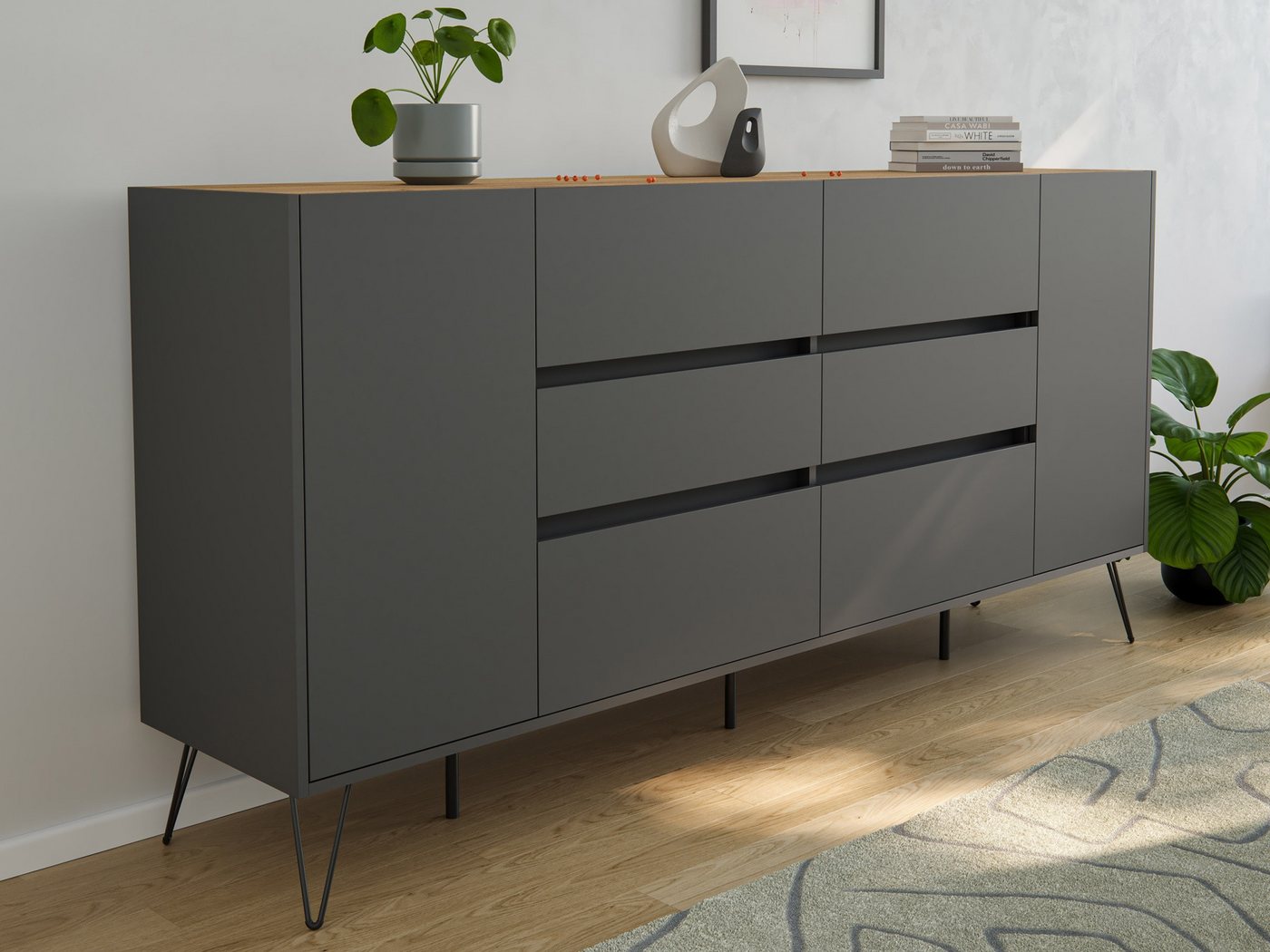 Magnolia Home Sideboard Sideboard Yako XL 200cm 6 SoftClose 2 Türen Grafit/Eiche Top Magnolia Home Sideboard Sideboard Yako XL 200cm 6 SoftClose 2 Türen Grafit/Eiche Top von Magnolia Home