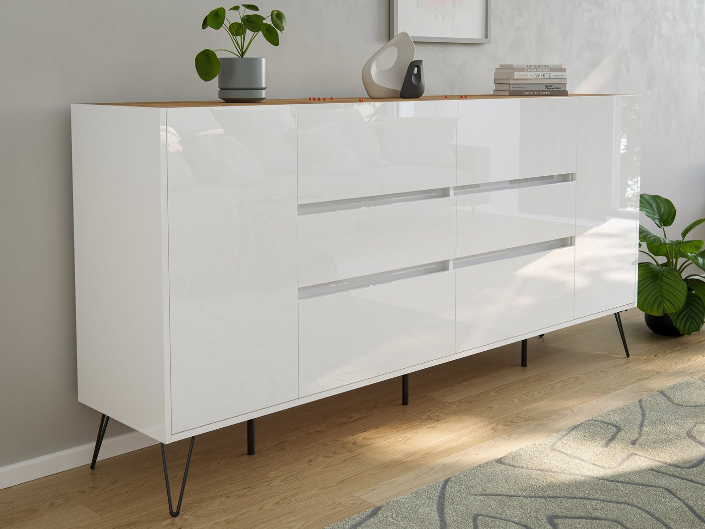 Magnolia Home Sideboard Sideboard Yako XL 200cm 6 SoftClose 2 Türen Weiß/Eiche Top Magnolia Home Sideboard Sideboard Yako XL 200cm 6 SoftClose 2 Türen Weiß/Eiche Top von Magnolia Home