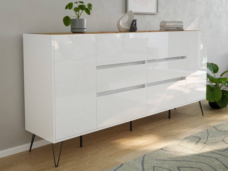 Magnolia Home Sideboard Sideboard Yako XL 200cm 6 SoftClose 2 Türen Weiß/Eiche Top von Magnolia Home