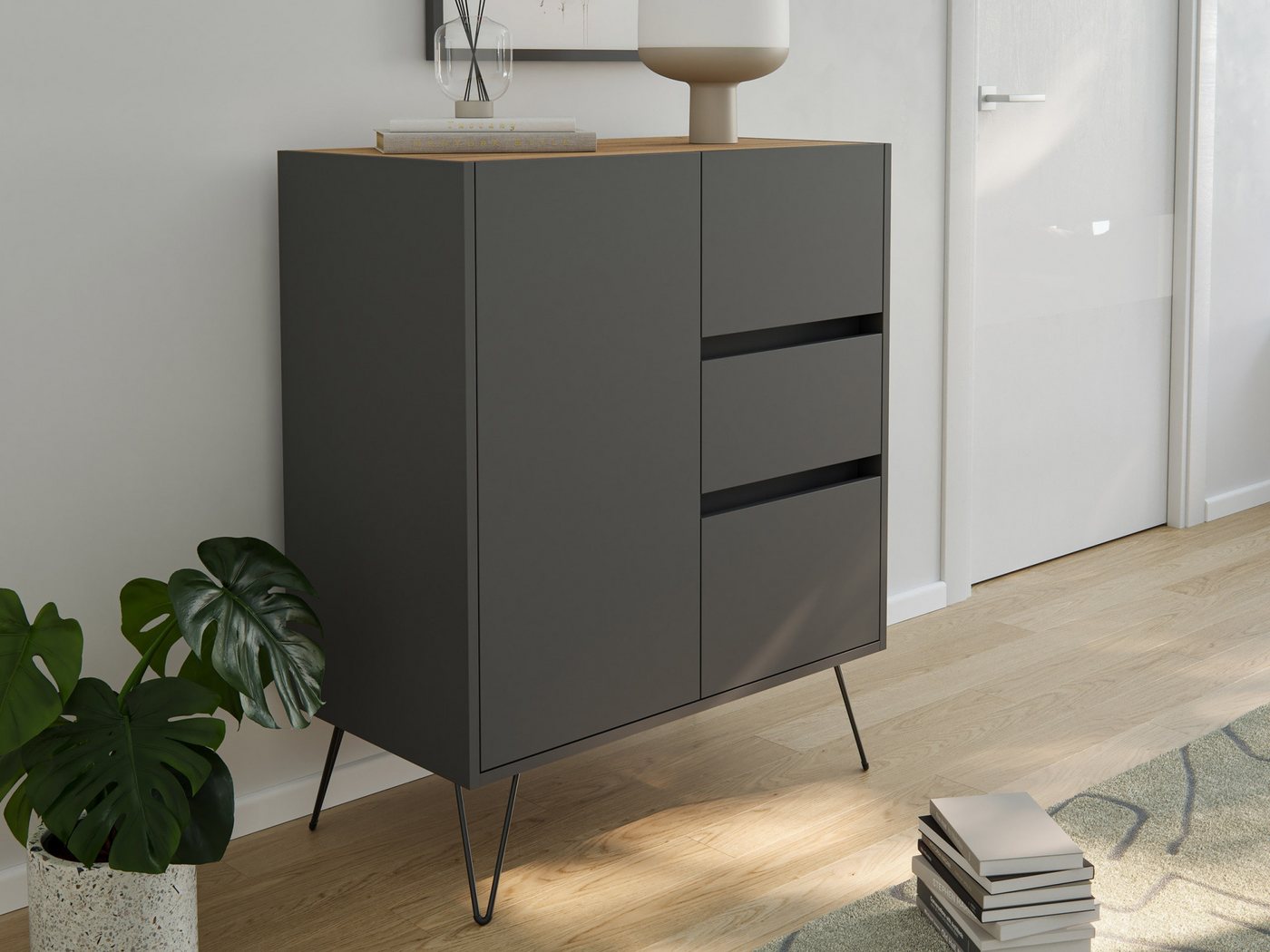 Magnolia Home Sideboard Sideboard Yako XL 80cm 3 SoftClose 1 Tür Grafit/Eiche Top Magnolia Home Sideboard Sideboard Yako XL 80cm 3 SoftClose 1 Tür Grafit/Eiche Top von Magnolia Home