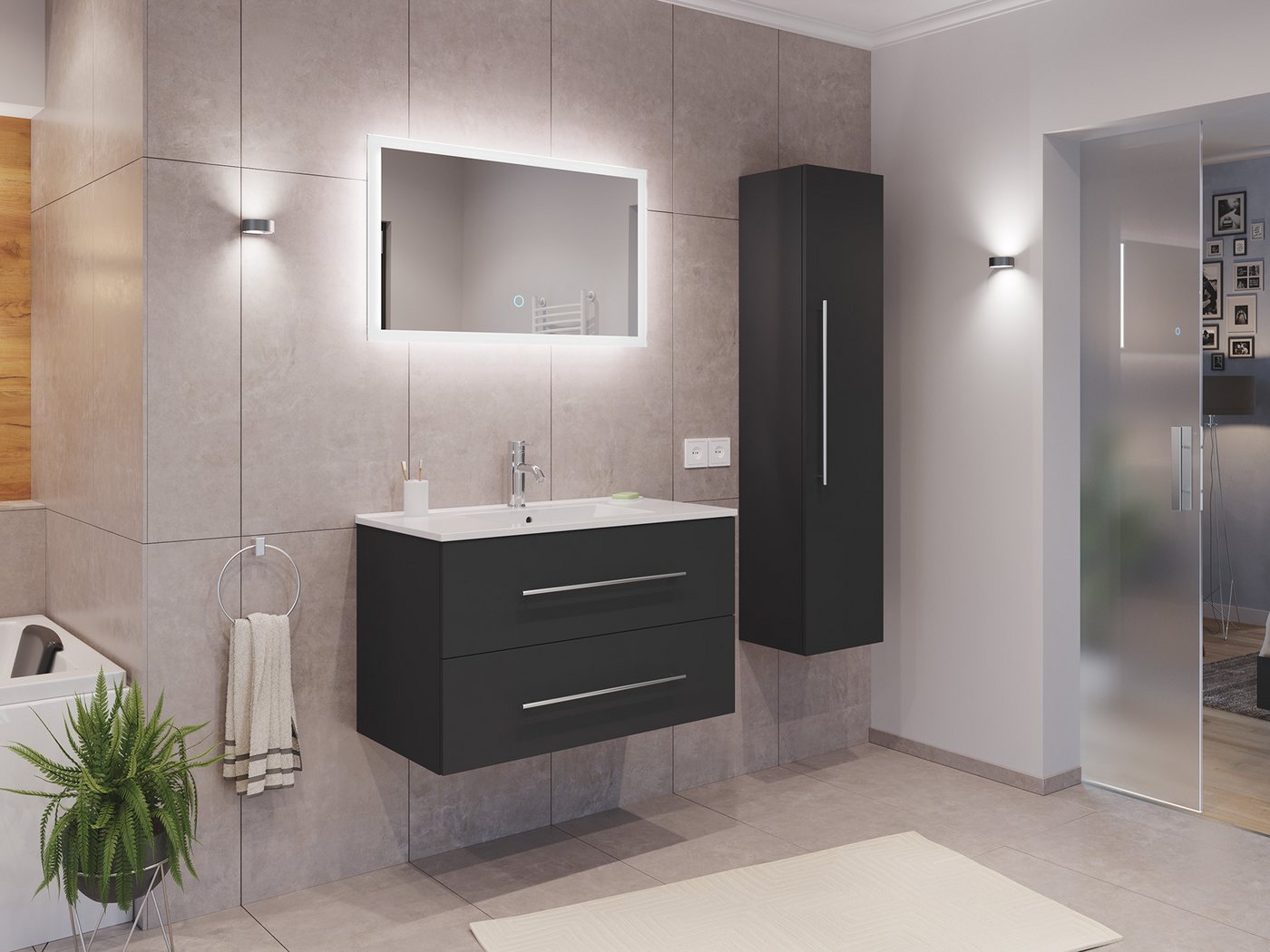 Magnolia Home Waschtisch Badmöbel Set Firenze 90 3tlg. LED Spiegel und Hochschrank grafit Magnolia Home Waschtisch Badmöbel Set Firenze 90 3tlg. LED Spiegel und Hochschrank grafit von Magnolia Home