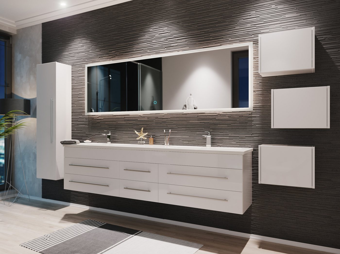 Magnolia Home Waschtisch Badmöbelset Colossos200 4-teilig LED Spiegel Hochschrank 3er Boxen wei von Magnolia Home