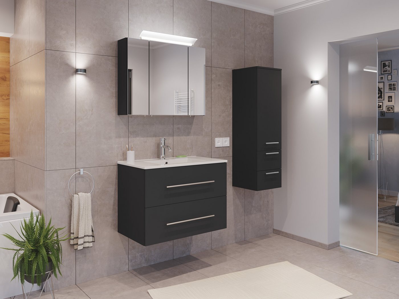 Magnolia Home Waschtisch-Set Badmöbel Set Firenze 80 3tlg. Spiegelschrank & Seitenschrank grafit von Magnolia Home