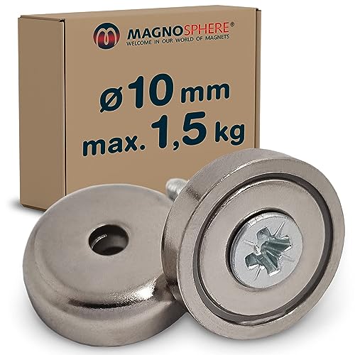 10 x Topfmagnet Neodym Magnet mit Loch extra stark, zum Anschrauben, Magnet schraubbar, Größe: 10 Stück - Ø 10 mm | 1.5 kg Haftkraft von Magnosphere