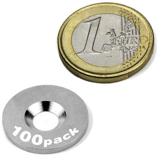 100 Metallscheiben mit Bohrung und Senkung - Ø20 x 2mm - aus Stahl (DC01) verzinkt - Metallplättchen rund mit Loch (Senkbohrung) - Gegenstück/Haftgrund für Magnete (ferromagnetisch), Menge:100 Stück von Magnosphere