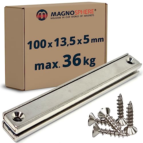 2 x Magnetleiste starker Magnethalter 100 x 13,5 x 5mm - 2 Stück - Neodym Magnet extra stark mit Senkbohrung, starker Halt, für Büro, Haushalt oder Werkstatt - hält 36 kg (inkl. 4 Schrauben) von Magnosphere