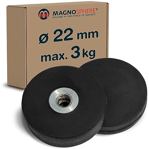 2 x Neodym Magnet-System gummiert Innengewinde - Durchmesser Ø 22 mm - Innen-Gewinde: M4 - Haftkraft 3 kg - 2 Stück - NdFeB Magnetsysteme mit Gummimantel - Anti-Rutsch-Beschichtung von Magnosphere