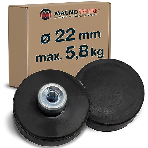 2 x Neodym Magnet-System gummiert Ø 22 mm Gewinde-Buchse (Innen-Gewinde) M4 - Haftkraft 5,8 kg - 2 Stück - Starke Magnete mit Gummi für Schrauben Haken Ösen, Größe: Ø22mm | M4 | 5.8kg Haftkraft von Magnosphere