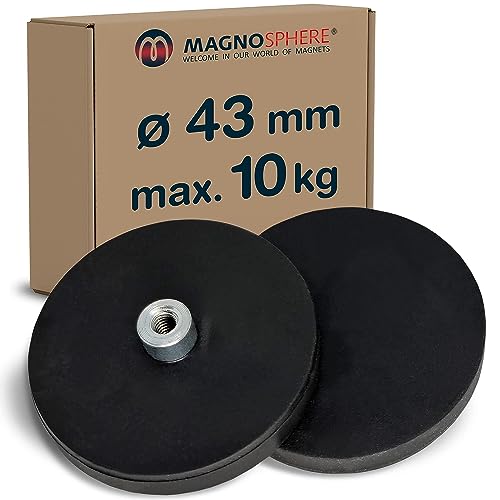 2 x Neodym Magnet-System gummiert Ø 43 mm Gewinde-Buchse (Innen-Gewinde) M4 - Haftkraft 10 kg - 2 Stück - Starke Magnete mit Gummi für Schrauben Haken Ösen, Größe: Ø43mm | M4 | 10kg Haftkraft von Magnosphere