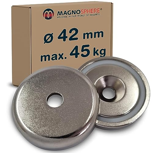 2 x Topfmagnet Neodym Magnet mit Loch extra stark, zum Anschrauben, Magnet schraubbar, Größe: 2 Stück - Ø 42 mm | 45 kg Haftkraft von Magnosphere