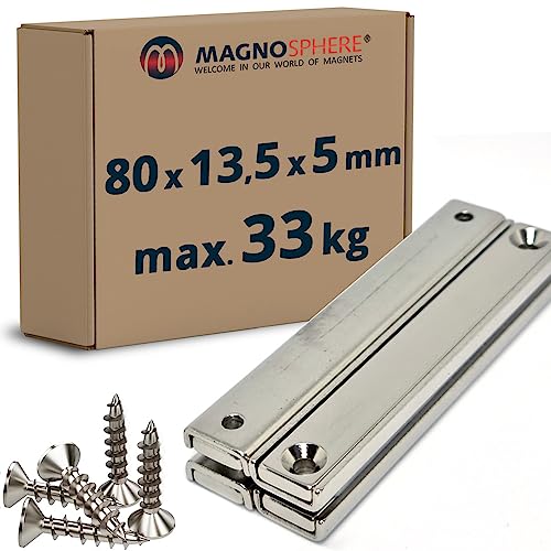 4 Stück - Magnetleiste starker Magnethalter 80 x 13,5 x 5mm, Neodym Magnet extra stark mit Senkbohrung, starker Halt, für Büro, Haushalt oder Werkstatt - hält 33 kg (inkl. 8 Schrauben) von Magnosphere