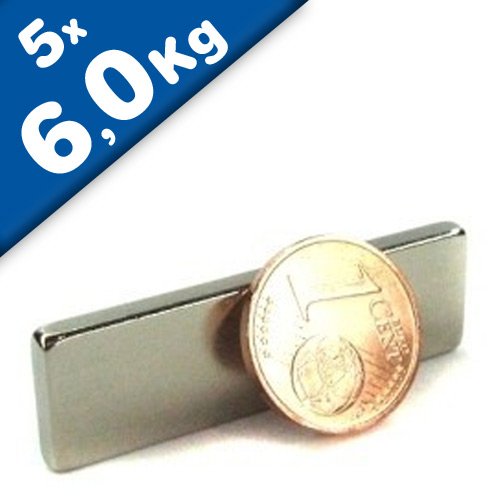 5 x Quadermagnet / Magnetquader 40 x 3 x 12mm Neodym N42, Nickel - 6 kg - starker Powermagnet/Supermagnet/Permanentmagnet mit extremer Haftkraft, für Kühlschrank, Magnet Glasboards, Magnettafel, Pinnwand, Whiteboard von Magnosphere