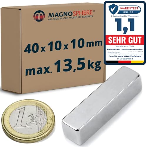 5 x Quadermagnet Magnet-Quader Neodym (NdFeB) - 40 x 10 x 10 mm - Haftkraft 13,5kg - 5 Stück - starke Block-Magnete für Industrie und Zuhause von Magnosphere