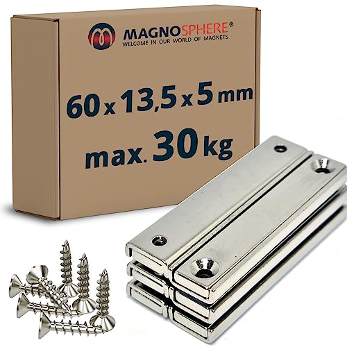 6 Stück - Magnetleiste starker Magnethalter 60 x 13,5 x 5mm, Neodym Magnet extra stark mit Senkbohrung, starker Halt, für Büro, Haushalt oder Werkstatt - hält 30 kg (inkl. 12 Schrauben) von Magnosphere