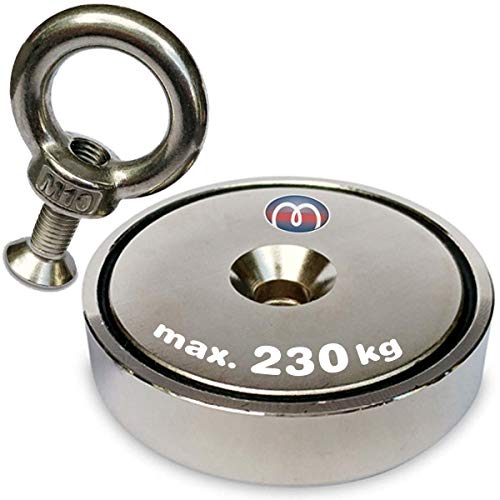 Berge-Magnet Neodym Suchmagnet mit Öse - Neodym (NdFeB) - Durchmesser: Ø32-90mm - Haftkraft bis 230kg - Starke Magnete Bergungsmagnete - Perfekt zum Magnetfischen Magnetangeln, Größe:Ø90mm | >=230kg von Magnosphere