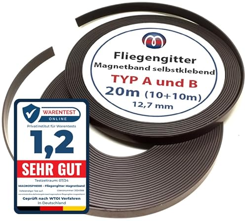 Fliegengitter Magnetband extra stark Set A und B je 10m Rolle - Magnetstreifen selbstklebend 12,7mm breit - Insektenschutz Magnet-Befestigung für Fenster ohne bohren für alle Moskito-Netz Fliegen-Netz von Magnosphere