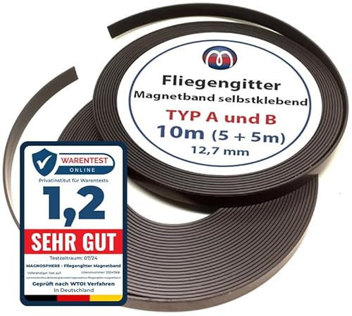 Fliegengitter Magnetband extra stark Set A und B je 5m Rolle - Magnetstreifen selbstklebend 12,7mm breit - Insektenschutz Magnet-Befestigung für Fenster ohne bohren - für alle Moskitonetz Fliegennetz von Magnosphere