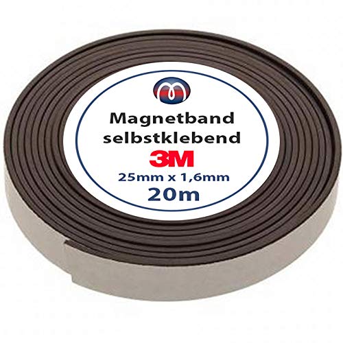 Magnetband Magnetstreifen selbstklebend mit 3M Kleber 1,6mm x 25mm x 20m - starker 3M-Kleber auf der Rückseite, optimale Haftkraft - 1 Rolle von Magnosphere