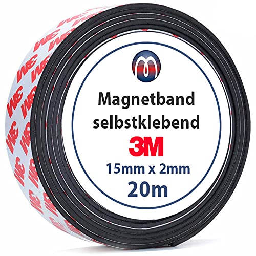 Magnetband Magnetstreifen selbstklebend mit 3M Kleber 2mm x 15mm x 20m - starker 3M-Kleber auf der Rückseite, optimale Haftkraft - 1 Rolle von Magnosphere