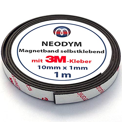Neodym Magnetband Magnetstreifen selbstklebend - 1mm x 10mm x 1m - mit 3M-Kleber - Magnetklebeband mit sehr starke Haftkraft - diese Power-Neodymband besitzt eine Haftkraft von 350 g/cm² von Magnosphere