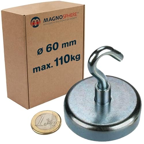 Magnethaken Neodym Magnet mit Haken - Ø 60 mm - Neodym (NdFeB) Zink - Hält 110 kg - Topfmagnet mit Haken (Hakenmagnet) - starke Magnete (Supermagnete) mit extremer Haftkraft für Industrie und Zuhause von Magnosphere