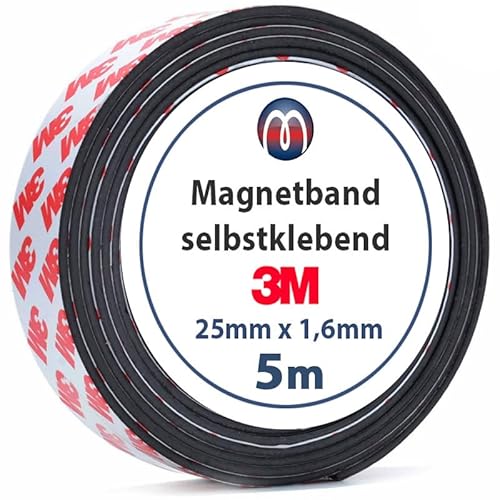Magnetklebeband Magnetband Magnetstreifen selbstklebend 1,6mm x 25mm x 5m - starker 3M-Kleber auf der Rückseite, optimale Haftkraft - 5m Rolle von Magnosphere