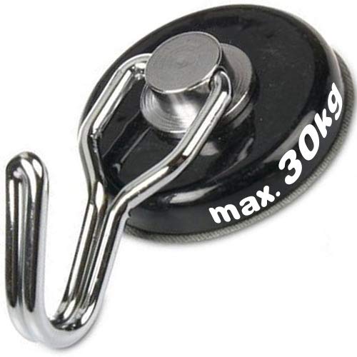 Neodym Magnethaken, Magnet mit Haken drehbar Ø 38 mm, schwarz - Haftkraft 30 kg - Hakenmagnet im Stahltopf von Magnosphere