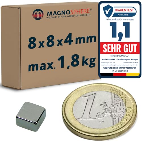 Quadermagnet Magnet-Quader Neodym (NdFeB) - Größe & Stückzahl wählbar - Haftkraft bis 800kg - Extra Starke Block-Magnete (Supermagnete), Menge/Größe: 30 Stück - 8x8x4mm | 1.8kg Haftkraft von Magnosphere