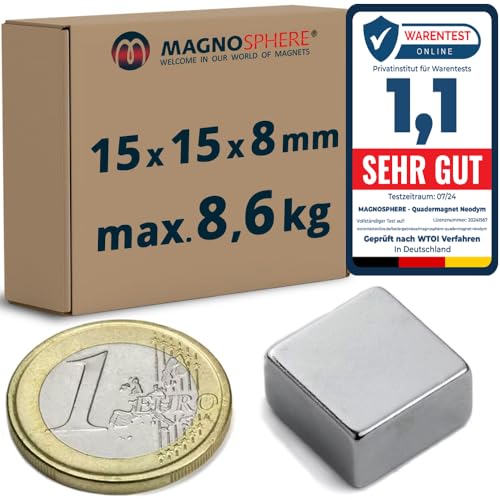 Quadermagnet Magnet-Quader Neodym (NdFeB) - Größe & Stückzahl wählbar - Haftkraft bis 800kg - Starke Block-Magnete (Supermagnete), Menge/Größe: 5 Stück - 15x15x8mm | 8.6kg Haftkraft von Magnosphere