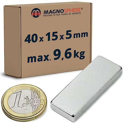 Quadermagnet Neodym Magnet-Quader Extra Stark - Haftkraft bis 800kg - Starke Blockmagnete - Rechteckige NdFeB Magnete, Menge/Größe: 4 Stück - 40x15x5mm | 9.6kg Haftkraft von Magnosphere