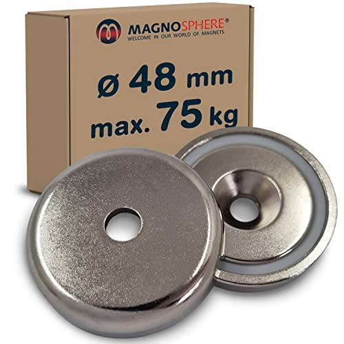 Topfmagnet Neodym Magnet mit Loch extra stark, zum Anschrauben, Magnet schraubbar, Größe:Ø 48 mm | 75 kg von Magnosphere