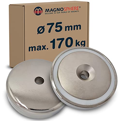 Topfmagnet Neodym Magnet mit Loch extra stark, zum Anschrauben, Magnet schraubbar, Größe: Ø75mm | 170kg von Magnosphere