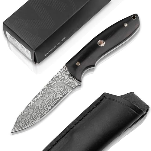 Magnum BÖKER Vernery Damast Knife - Jagdmesser mit Leder-Scheide schwarz - Gürtelmesser mit Damaststahl Droppoint Klinge 67 lagig - Damascus Hunting Knife mit Eben-Holz Griff von Magnum