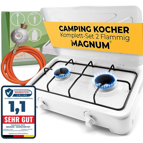 Magnum Gaskocher 2-flammig inkl. Gasschlauch Robuster Campingkocher für Gasflasche Camping Gasgrill für Indoor und Outdoor Tischgrill ideal für Camping und Angeln von Magnum