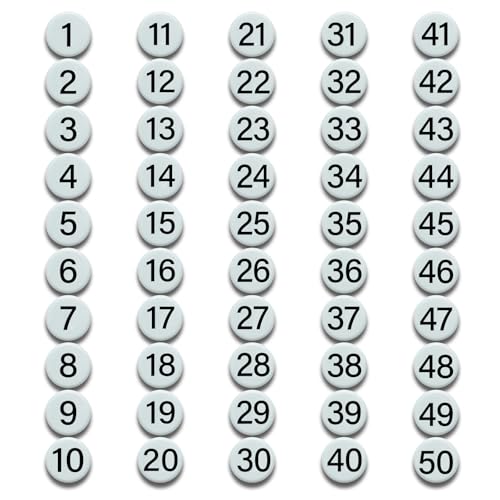 1-50 Magnetische Zahlen, Magnete mit Nummer für trocken abwischbare Tafeln, runde Zahlen-Kühlschrankmagnete für Whiteboard in Haus und Büro (2,0 cm Durchmesser, Weiß) von Magrooyar