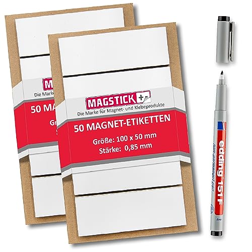 100 beschreibbare Magnet-Etiketten Magstick® I 10 x 5 cm weiß I magnetische Beschriftungsfolie beschreibbar Magnet-Streifen zum Beschriften I mag_154 von Magstick