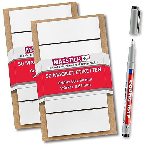 100 beschreibbare Magnet-Etiketten Magstick® I 6 x 3 cm weiß I magnetische Beschriftungsfolie beschreibbar Magnet-Streifen zum Beschriften I mag_166 von Magstick