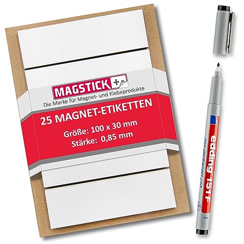 25 beschreibbare Magnet-Etiketten Magstick® I 10 x 3 cm weiß I magnetische Beschriftungsfolie beschreibbar Magnet-Streifen zum Beschriften I mag_070 von Magstick