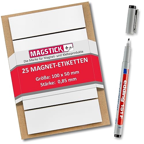 25 beschreibbare Magnet-Etiketten Magstick® I 10 x 5 cm weiß I magnetische Beschriftungsfolie beschreibbar Magnet-Streifen zum Beschriften I mag_068 von Magstick