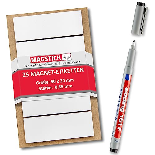25 beschreibbare Magnet-Etiketten Magstick® I 5 x 2 cm weiß I magnetische Beschriftungsfolie beschreibbar Magnet-Streifen zum Beschriften I mag_075 von Magstick
