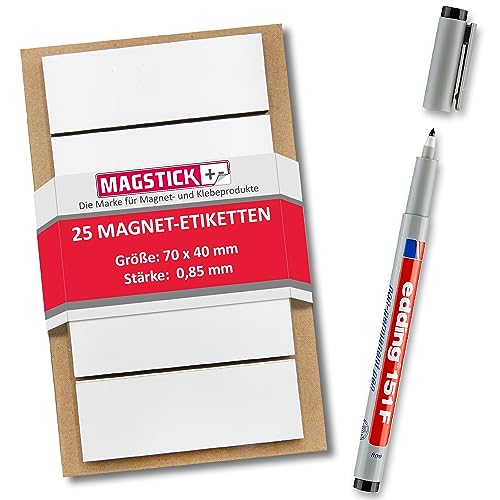 25 beschreibbare Magnet-Etiketten Magstick® I 7 x 4 cm weiß I magnetische Beschriftungsfolie beschreibbar Magnet-Streifen zum Beschriften I mag_073 von Magstick