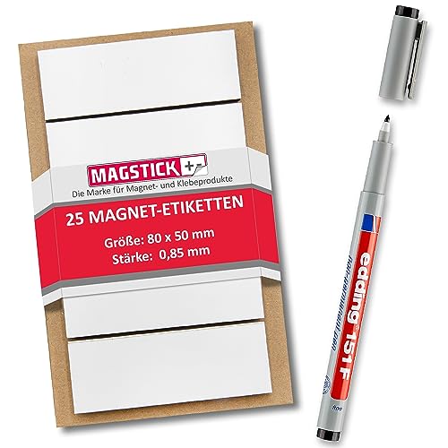 25 beschreibbare Magnet-Etiketten Magstick® I 8 x 5 cm weiß I magnetische Beschriftungsfolie beschreibbar Magnet-Streifen zum Beschriften I mag_072 von Magstick
