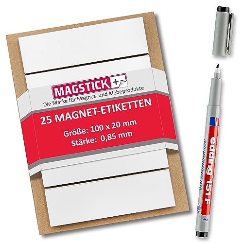 25 beschreibbare Magnet-Etiketten Magstick I 10 x 2 cm weiß I magnetische Beschriftungsfolie beschreibbar Magnet-Streifen zum Beschriften I mag_071 von Magstick