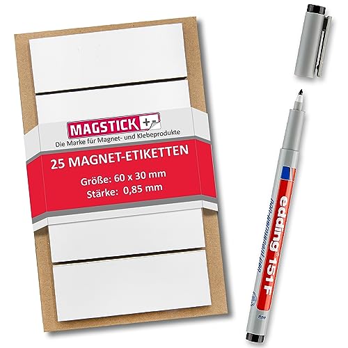 25 beschreibbare Magnet-Etiketten Magstick I 6 x 3 cm weiß I magnetische Beschriftungsfolie beschreibbar Magnet-Streifen zum Beschriften I mag_074 von Magstick
