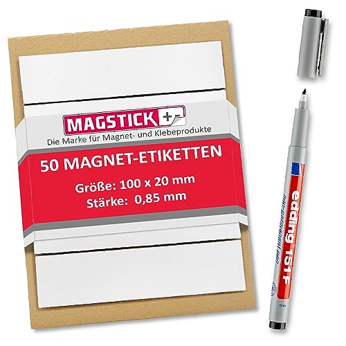 50 beschreibbare Magnet-Etiketten Magstick® I 10 x 2 cm weiß I magnetische Beschriftungsfolie beschreibbar Magnet-Streifen zum Beschriften I mag_159 von Magstick