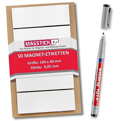 50 beschreibbare Magnet-Etiketten Magstick® I 10 x 4 cm weiß I magnetische Beschriftungsfolie beschreibbar Magnet-Streifen zum Beschriften I mag_155 von Magstick